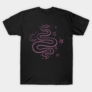 Mystical Serpant Moon and Stars Pink Digital Illustration T-Shirt